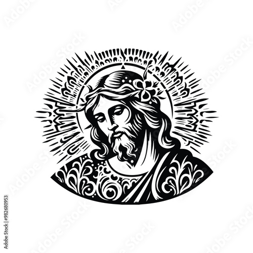 Jesus with folk art decoration in black and white illustrations, cutout graphic