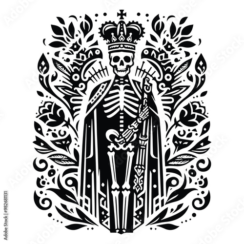 king skeleton with folk art decoration in black and white illustrations, cutout graphic