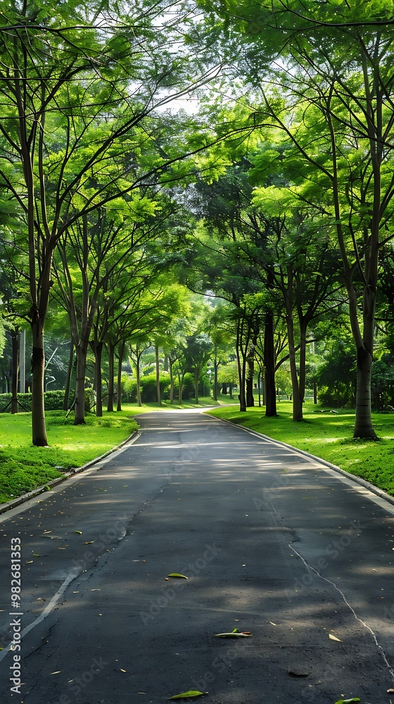 Empty asphalt road in the park with green grass and tree background. Empty asphalt road in the park with green grass and tree background.