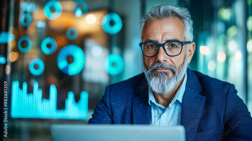 A man in a blue blazer and glasses looks intently at his laptop. A man in a blue blazer and glasses looks intently at his laptop.