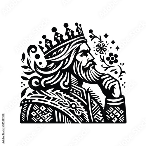 king with folk art decoration in black and white illustrations, cutout graphic