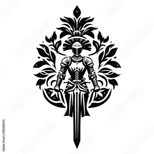 knight female with folk art decoration in black and white illustrations, cutout graphic