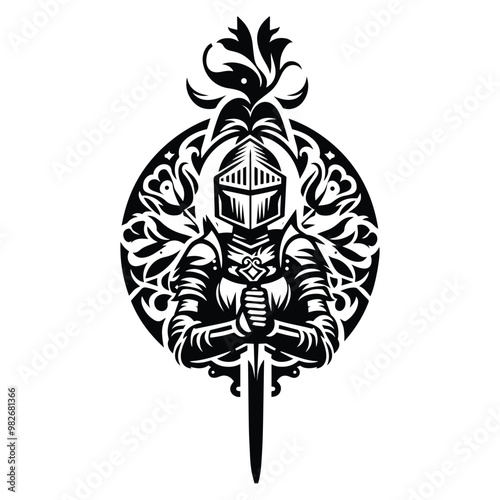 knight female with folk art decoration in black and white illustrations, cutout graphic