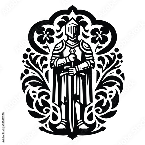 knight male with folk art decoration in black and white illustrations, cutout graphic