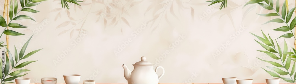 Teapot with bamboo leaves, serene setting Teapot with bamboo leaves, serene setting