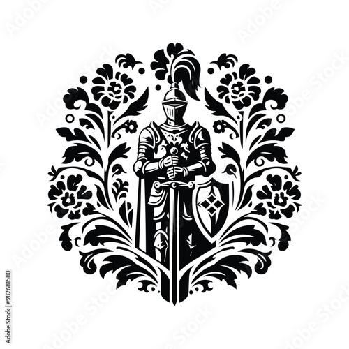 knight male with folk art decoration in black and white illustrations, cutout graphic