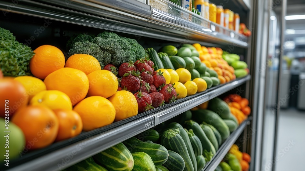 A grocery store produce section with fresh fruits and vegetables including oranges, strawberries, broccoli, lemons, and zucchinis on display. A grocery store produce section with fresh fruits and vegetables including oranges, strawberries, broccoli, lemons, and zucchinis on display.