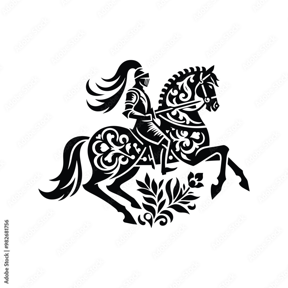 knight riding horse male with folk art decoration in black and white illustrations, cutout graphic