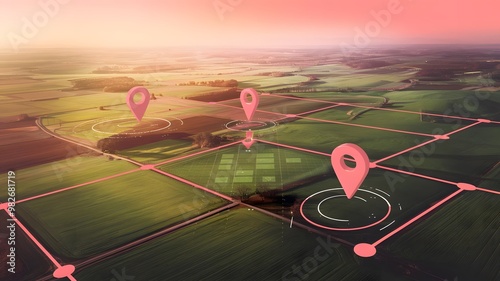 Aerial View of Farmland with Location Pins and Grid