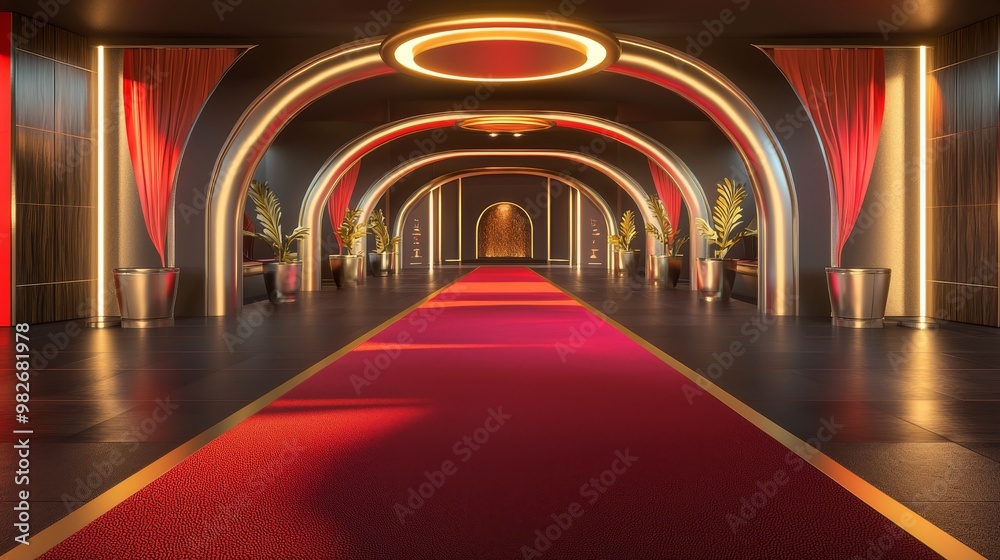Glitz and Glamour: 3D Illustration of Luxurious Formal Event with Red Carpet and Modern Stage Decorations