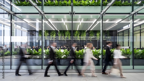 Modern Office Building Interior with Green Walls and Blurred Business People