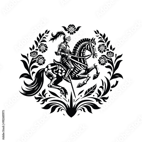 knight riding horse skeleton with folk art decoration in black and white illustrations, cutout graphic