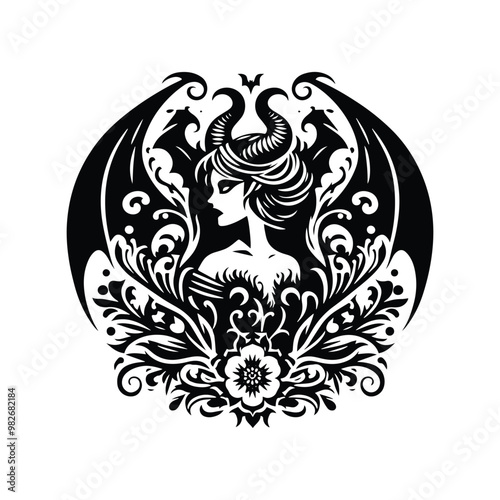 lady with horn and bat wing horror inside folk art decoration in black and white illustrations, cutout graphic