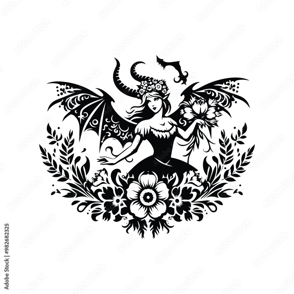Fototapeta premium lady with horn and bat wing horror inside folk art decoration in black and white illustrations, cutout graphic