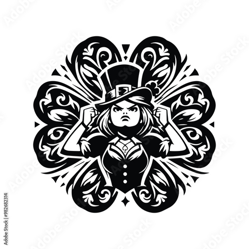 Leprechaun female with folk art decoration in black and white illustrations, cutout graphic black and white illustration