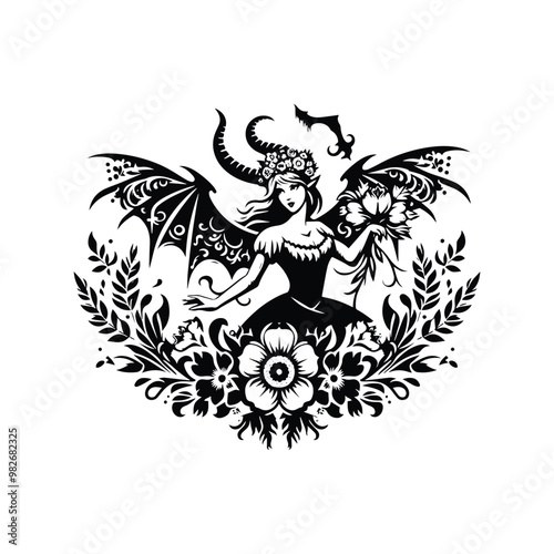 lady with horn and bat wing horror inside folk art decoration in black and white illustrations, cutout graphic