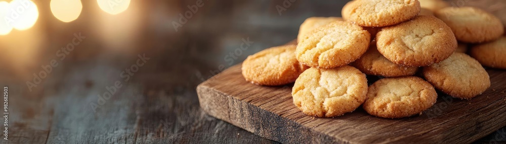 Delicious golden cookies stacked on a wooden plate, perfect for dessert lovers and baking enthusiasts. Delicious golden cookies stacked on a wooden plate, perfect for dessert lovers and baking enthusiasts.