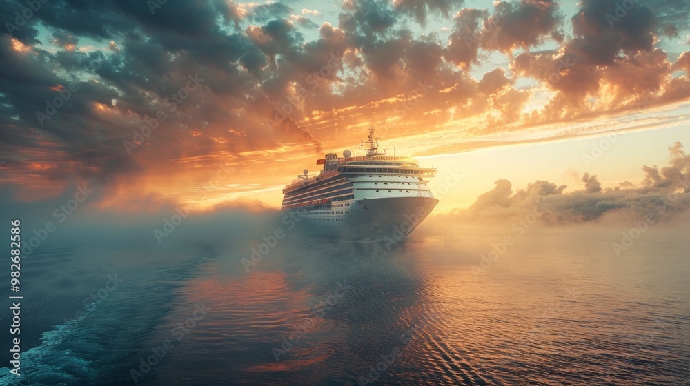 Obraz premium A serene scene with a white cruise ship on calm waters under a dramatic sunset, showcasing the contrast between stormy and peaceful skies, capturing peace and beauty.