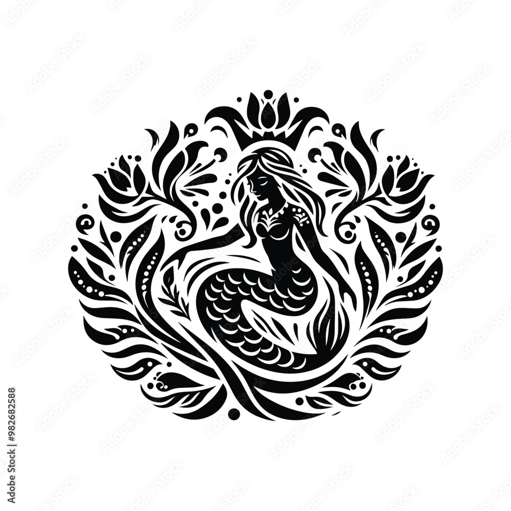 Mermaid inside folk art decoration in black and white illustrations, cutout graphic Mermaid inside folk art decoration in black and white illustrations, cutout graphic