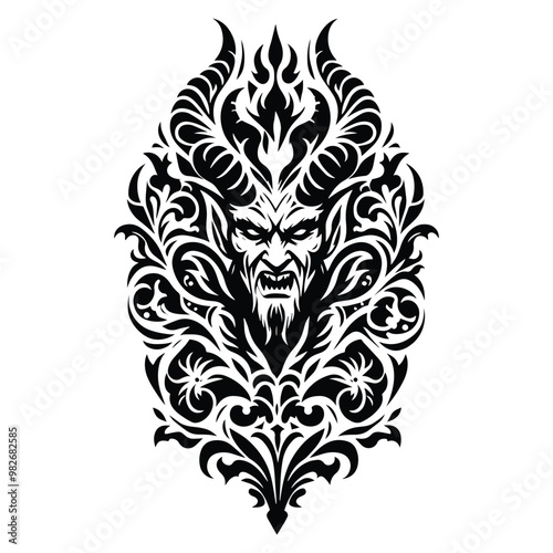 Lucifer with folk art decoration in black and white illustrations, cutout graphic