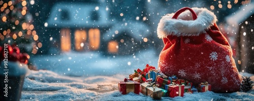 A festive scene featuring a red bag, gifts, and falling snow, evoking the joy and magic of Christmas in a winter wonderland.