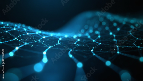 Abstract Technology Background with Blue Network: An abstract technology background featuring a blue network grid, symbolizing data connectivity and digital communication.