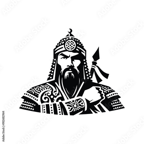 Mongols warrior with folk art decoration in black and white illustrations, cutout graphic
