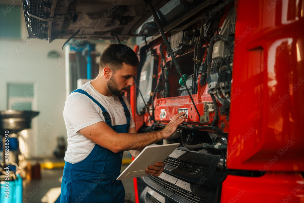 Fototapeta premium an experienced mechanic inspecting the engine of a red truck in a workshop, holding a tablet