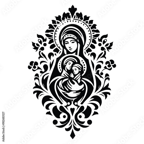 mother marry with folk art decoration in black and white illustrations, cutout graphic