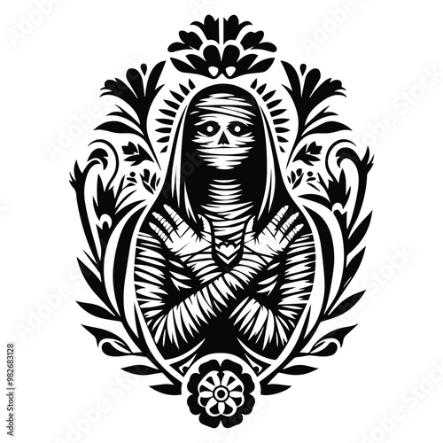 mummy female with folk art decoration in black and white illustrations, cutout graphic