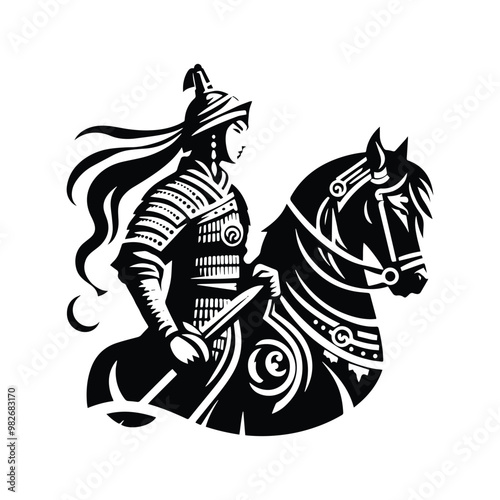 Mongols warrior with folk art decoration in black and white illustrations, cutout graphic