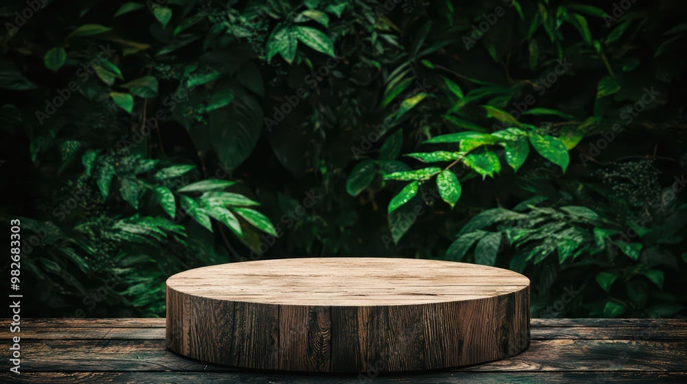 A wooden pedestal against a lush green backdrop, ideal for showcasing products or food in a natural setting. A wooden pedestal against a lush green backdrop, ideal for showcasing products or food in a natural setting.