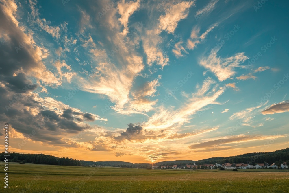Sky at golden hour in a town in Germany , ai Sky at golden hour in a town in Germany , ai