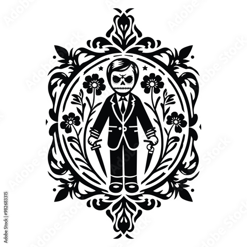 murder doll with folk art decoration in black and white illustrations, cutout graphic
