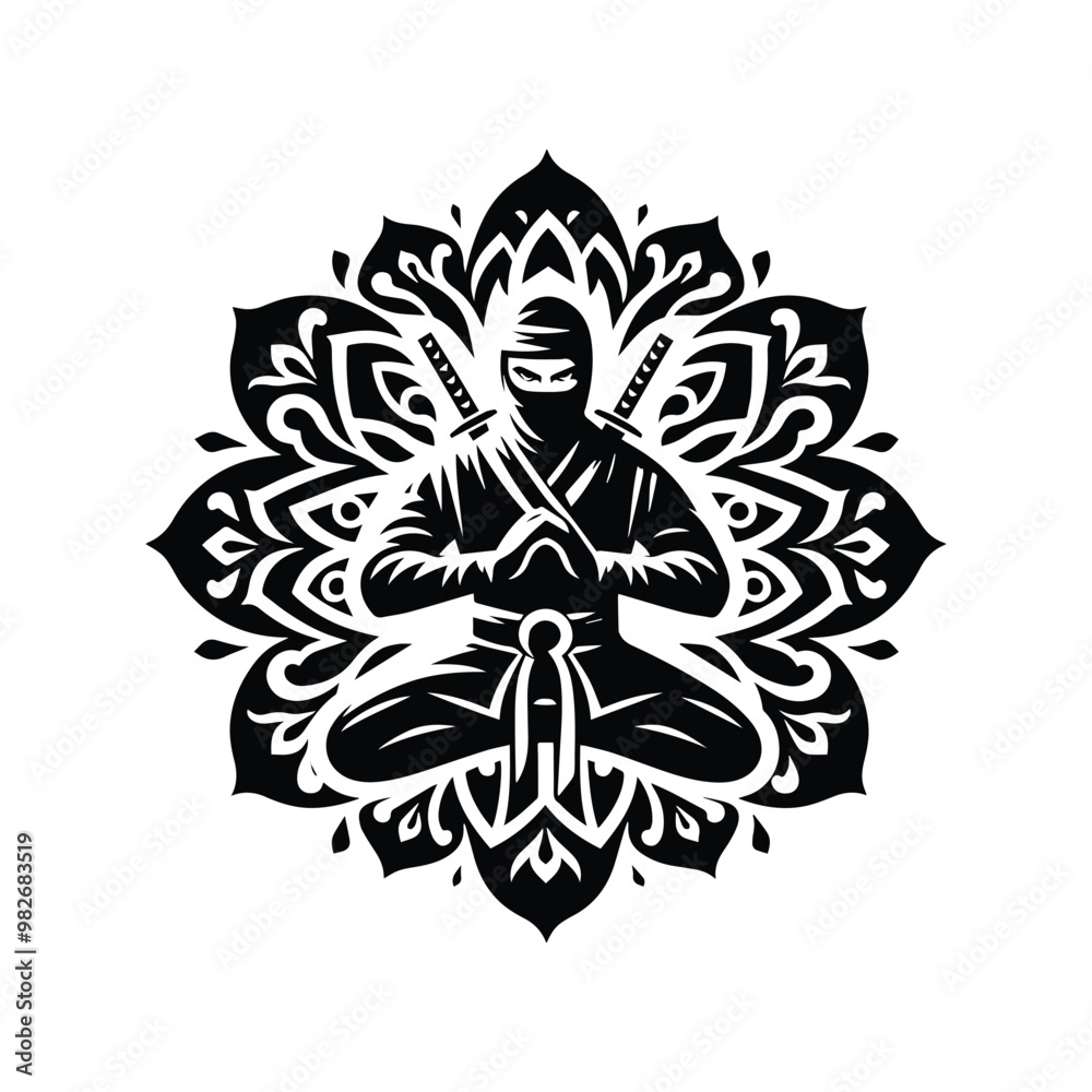 ninja male with folk art decoration in black and white illustrations, cutout graphic ninja male with folk art decoration in black and white illustrations, cutout graphic