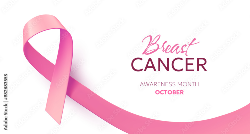 Vector illustration of breast cancer pink realistic ribbon with shadow and loop. Symbol of breast cancer awareness. Template design with text word and ribbon for awareness month campaign background Vector illustration of breast cancer pink realistic ribbon with shadow and loop. Symbol of breast cancer awareness. Template design with text word and ribbon for awareness month campaign background