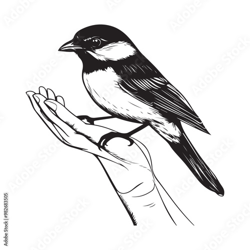 Little Bird Sitting On A Hand Stock Image Vector Isolated on white background.