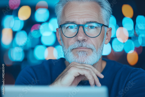 A man in glasses looks thoughtfully at a computer screen.