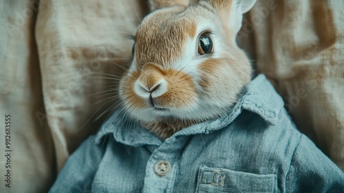 Adorable rabbit wearing a denim shirt, showcasing a charming and whimsical character, perfect for family-friendly themes.