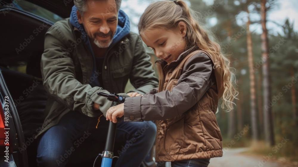 Obraz premium Man with grey hair, navy jacket kneels next to a girl with blonde hair, red bows, in a forest. Girl holds scooter.