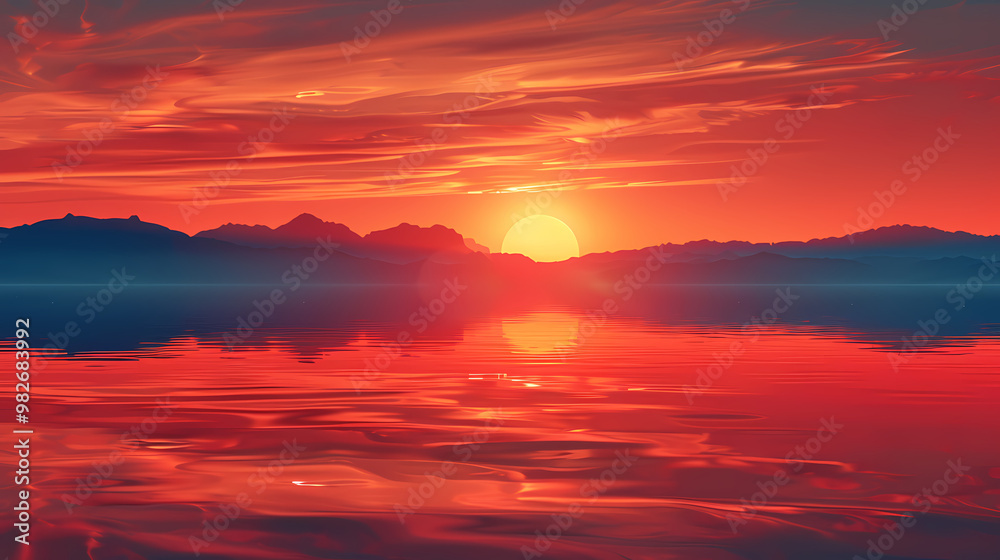 Red sky reflection on a calm evening, vector illustration Red sky reflection on a calm evening, vector illustration