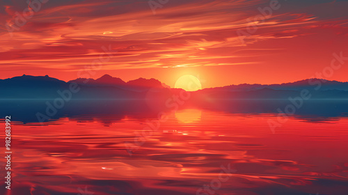 Red sky reflection on a calm evening, vector illustration