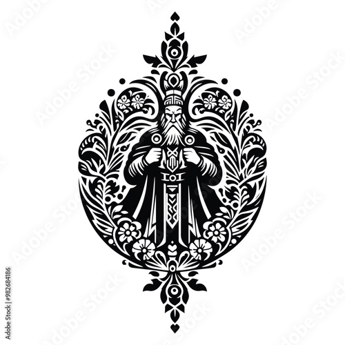 odin nordic god with folk art decoration in black and white illustrations, cutout graphic