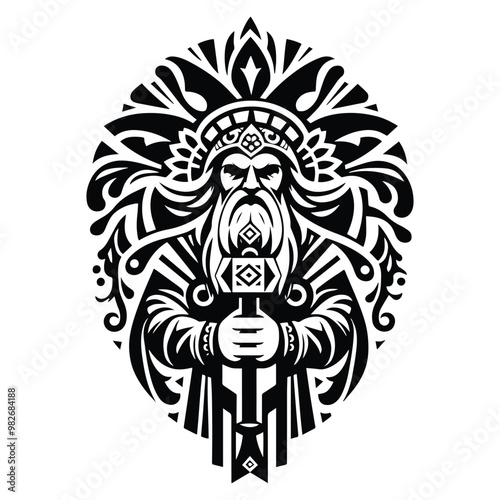 odin nordic god with folk art decoration in black and white illustrations, cutout graphic