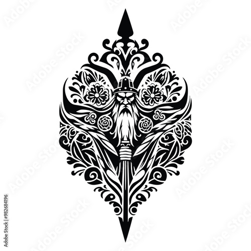 odin nordic god with folk art decoration in black and white illustrations, cutout graphic