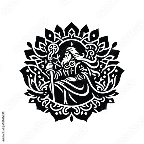 odin nordic god with folk art decoration in black and white illustrations, cutout graphic