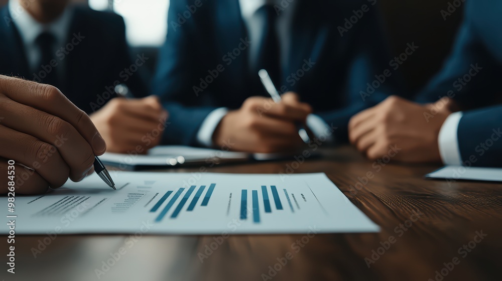 Business meeting with documents and pens on a wooden table, showcasing teamwork and professional planning. Business meeting with documents and pens on a wooden table, showcasing teamwork and professional planning.
