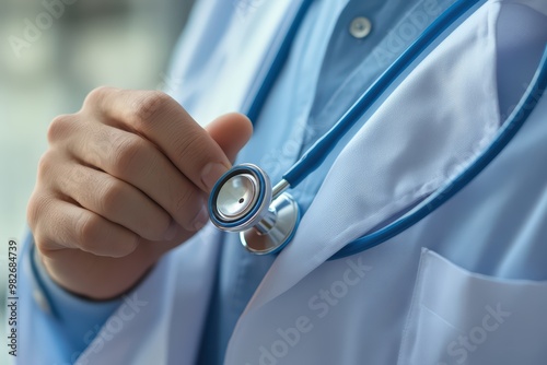 Close-up of a healthcare professional adjusting a stethoscope, symbolizing medical care and dedication to patient health.