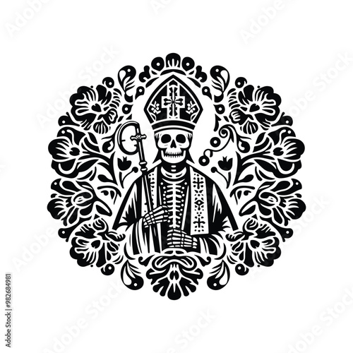 pastor skeleton with folk art decoration in black and white illustrations, cutout graphic