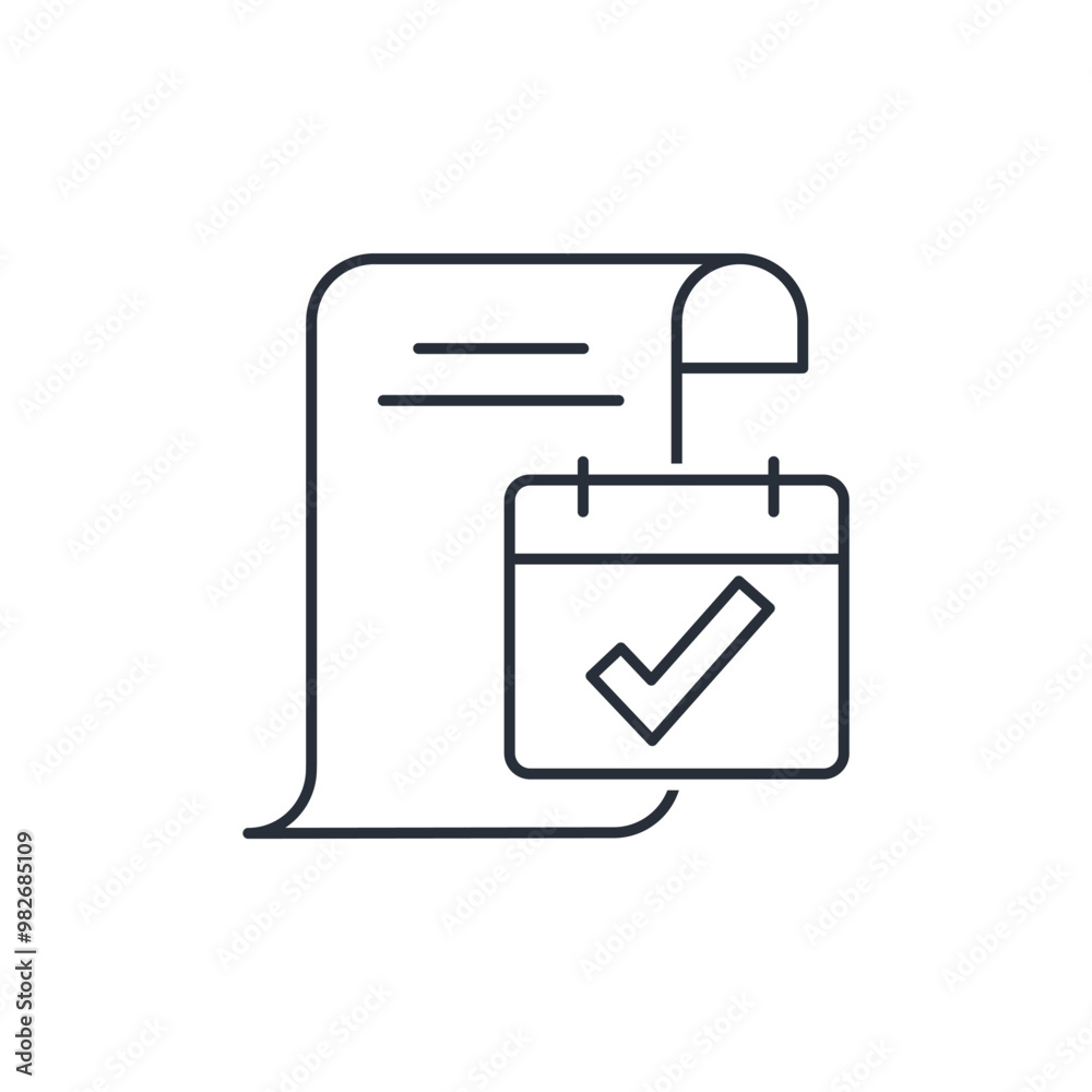 Document and calendar with check mark. Date complete the task. Carry out the order. Deadline. Vector linear icon isolated on white background. Document and calendar with check mark. Date complete the task. Carry out the order. Deadline. Vector linear icon isolated on white background.